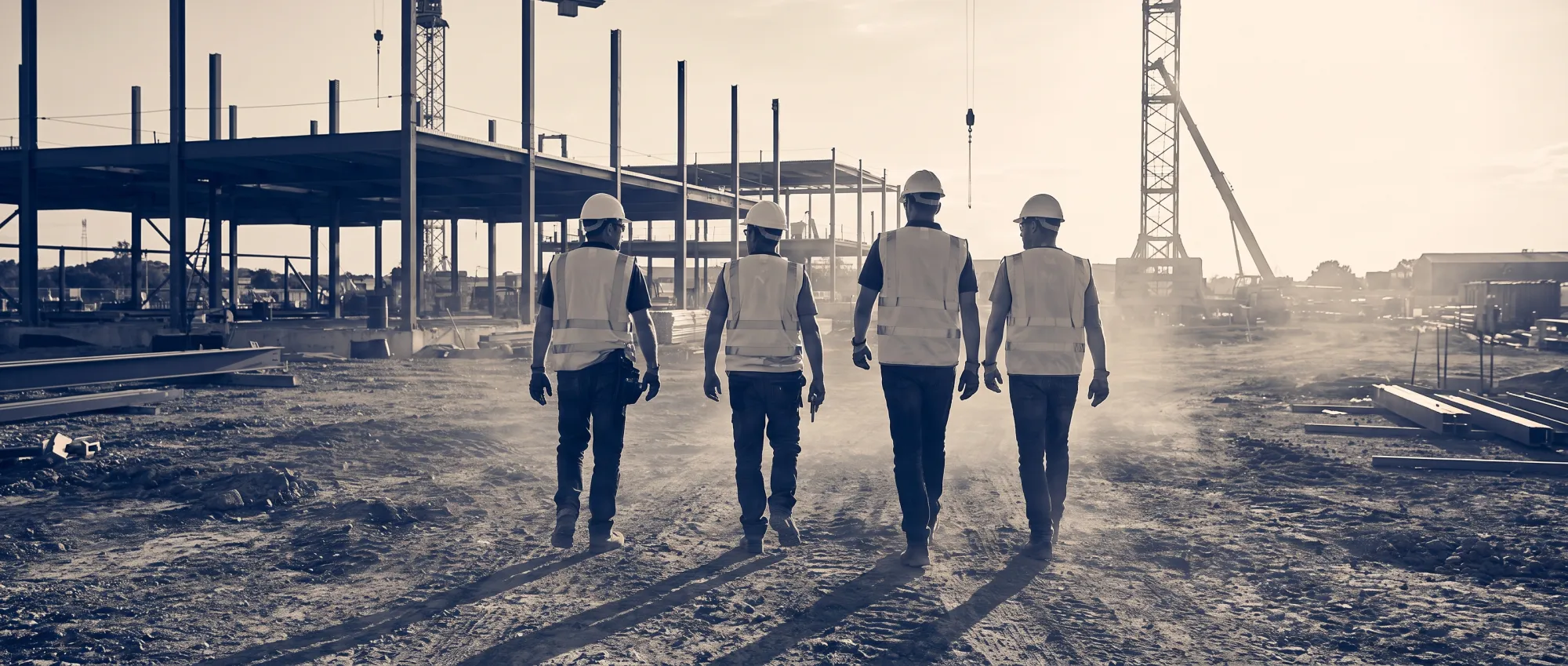 Electricians in hi-vis walking a jobsite at golden hour